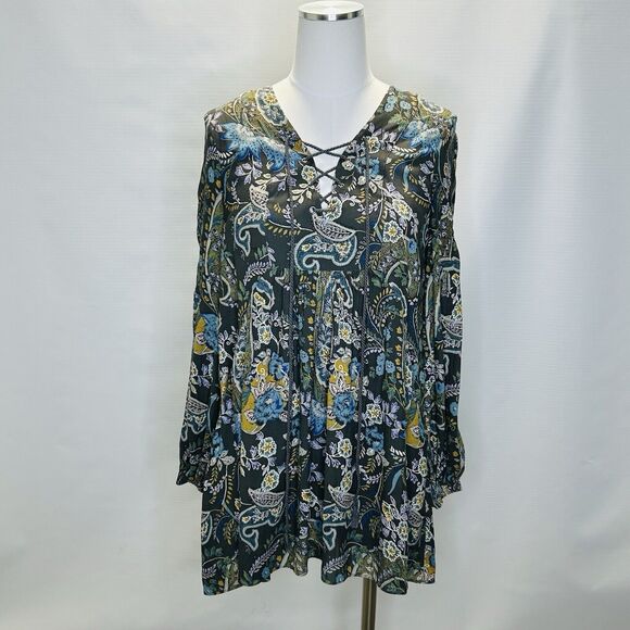 Free People Rain or Shine Paisley Mini Sun Dress Size XS Tunic Swing Boho Shift - Picture 1 of 11